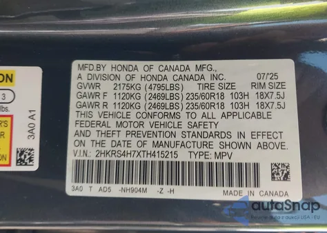2026 Honda Cr-V Ex-L Awd из США, поврежденный, VIN 2HKRS4H7XTH415215